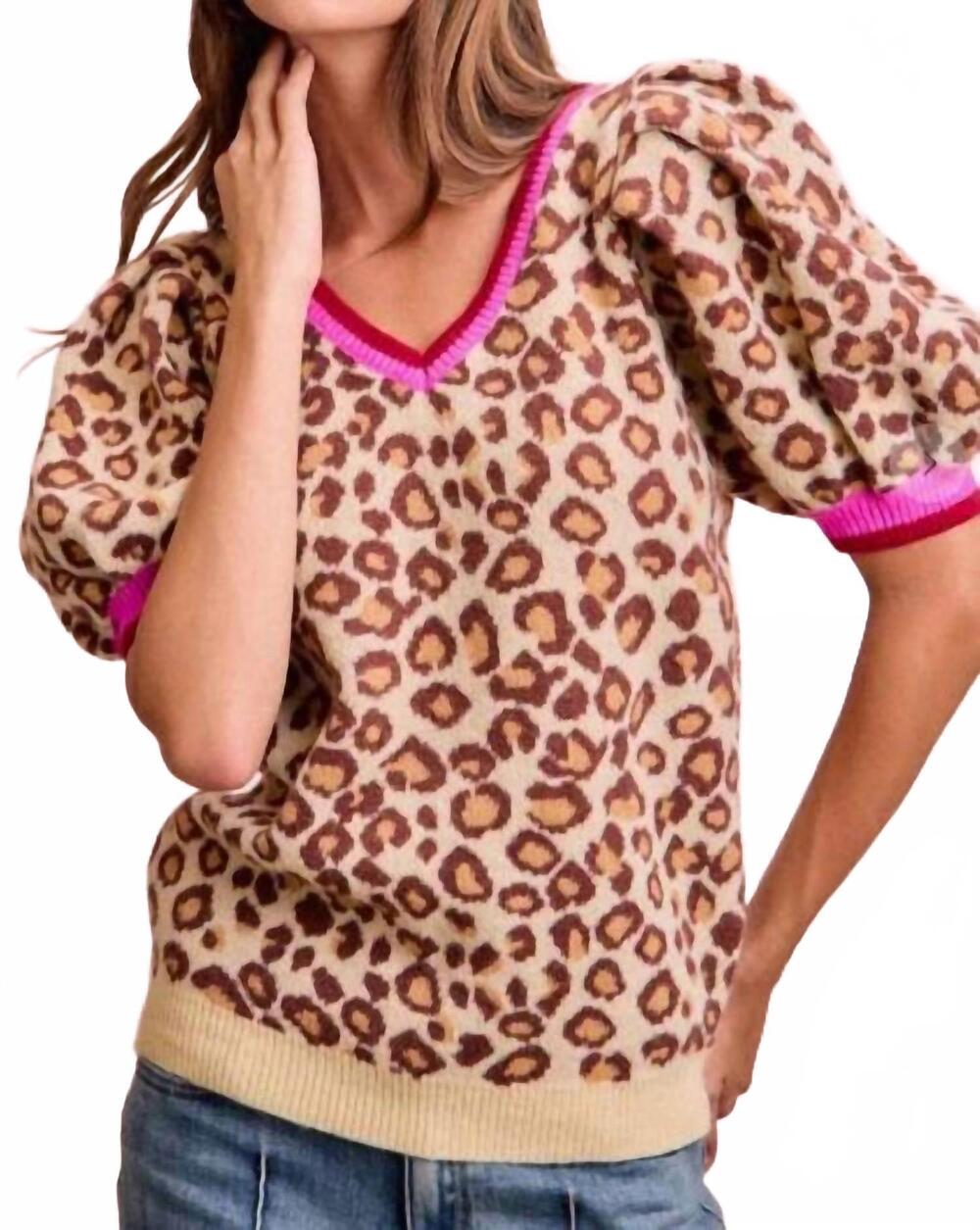 NEW BIBI confident cat puff sleeve sweater in leopard